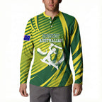 Australian Cricket Button Sweatshirt Dynamic Stripe Graphic With Player Silhouette