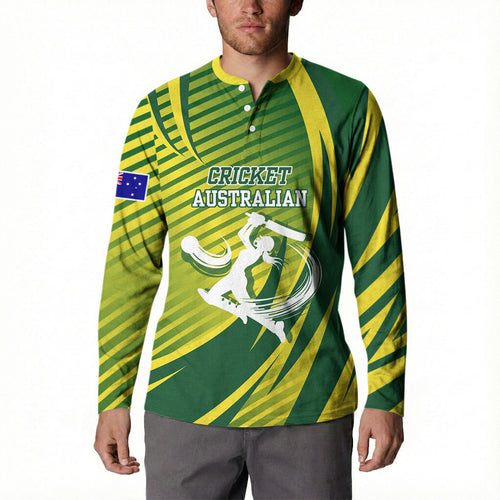 Australian Cricket Button Sweatshirt Dynamic Stripe Graphic With Player Silhouette