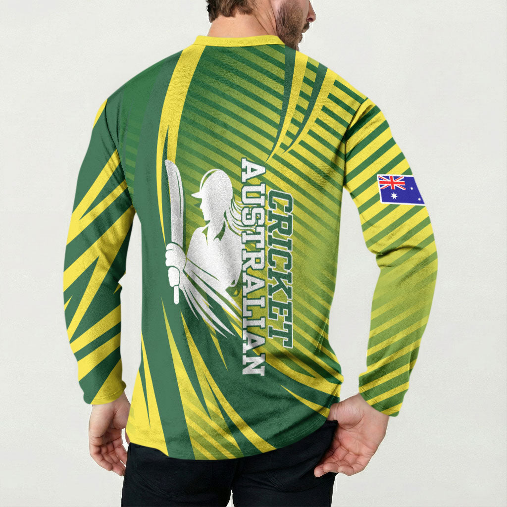 Australian Cricket Button Sweatshirt Dynamic Stripe Graphic With Player Silhouette