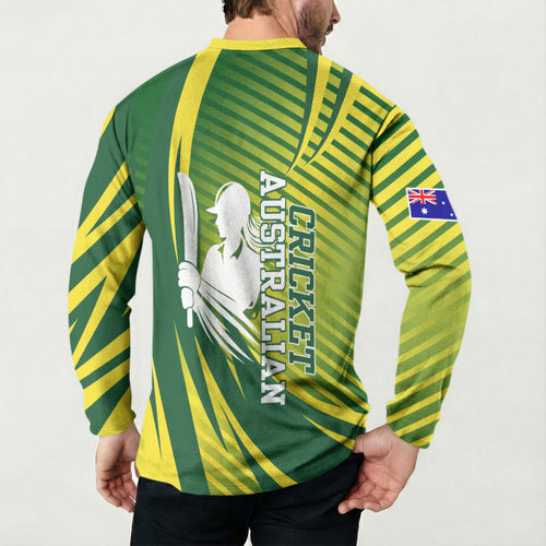 Australian Cricket Button Sweatshirt Dynamic Stripe Graphic With Player Silhouette