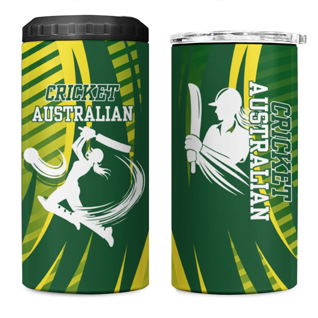 Australian Cricket 4 in 1 Can Cooler Tumbler Dynamic Stripe Graphic With Player Silhouette