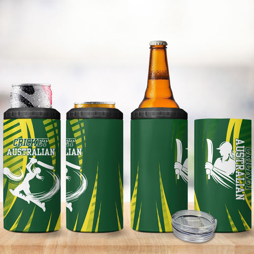 Australian Cricket 4 in 1 Can Cooler Tumbler Dynamic Stripe Graphic With Player Silhouette