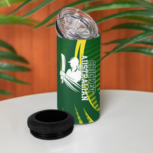 Australian Cricket 4 in 1 Can Cooler Tumbler Dynamic Stripe Graphic With Player Silhouette