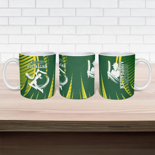 Australian Cricket Ceramic Mug Dynamic Stripe Graphic With Player Silhouette