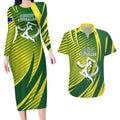 Australian Cricket Couples Matching Long Sleeve Bodycon Dress and Hawaiian Shirt Dynamic Stripe Graphic With Player Silhouette