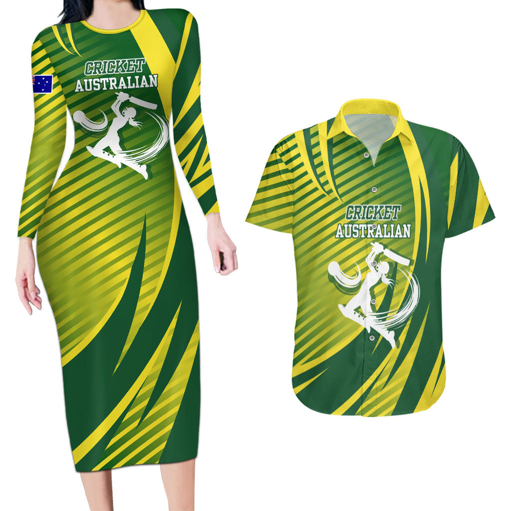 Australian Cricket Couples Matching Long Sleeve Bodycon Dress and Hawaiian Shirt Dynamic Stripe Graphic With Player Silhouette