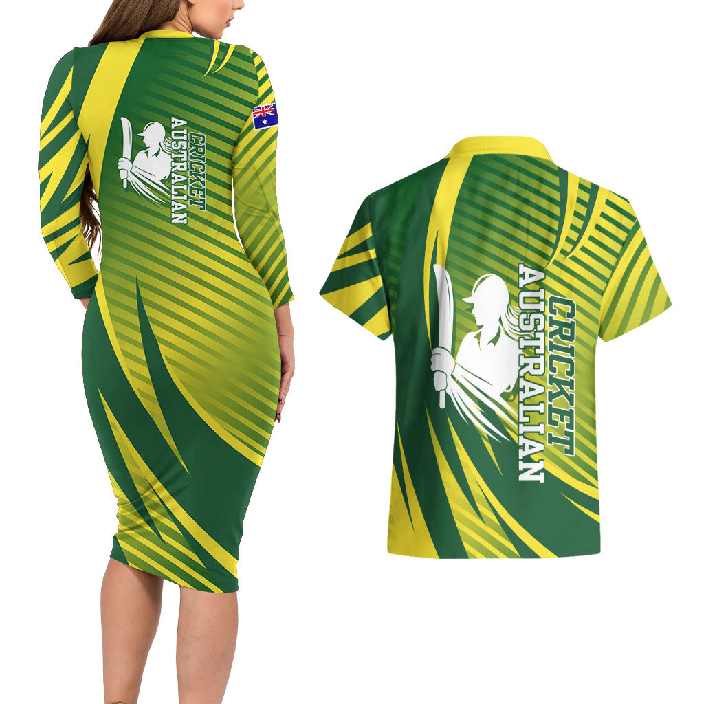 Australian Cricket Couples Matching Long Sleeve Bodycon Dress and Hawaiian Shirt Dynamic Stripe Graphic With Player Silhouette