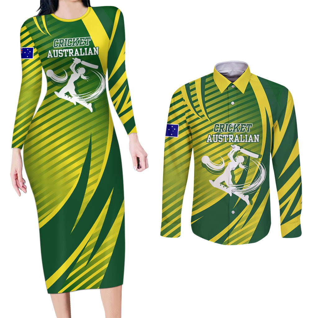 Australian Cricket Couples Matching Long Sleeve Bodycon Dress and Long Sleeve Button Shirt Dynamic Stripe Graphic With Player Silhouette