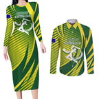 Australian Cricket Couples Matching Long Sleeve Bodycon Dress and Long Sleeve Button Shirt Dynamic Stripe Graphic With Player Silhouette