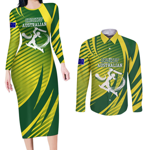 Australian Cricket Couples Matching Long Sleeve Bodycon Dress and Long Sleeve Button Shirt Dynamic Stripe Graphic With Player Silhouette