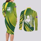 Australian Cricket Couples Matching Long Sleeve Bodycon Dress and Long Sleeve Button Shirt Dynamic Stripe Graphic With Player Silhouette