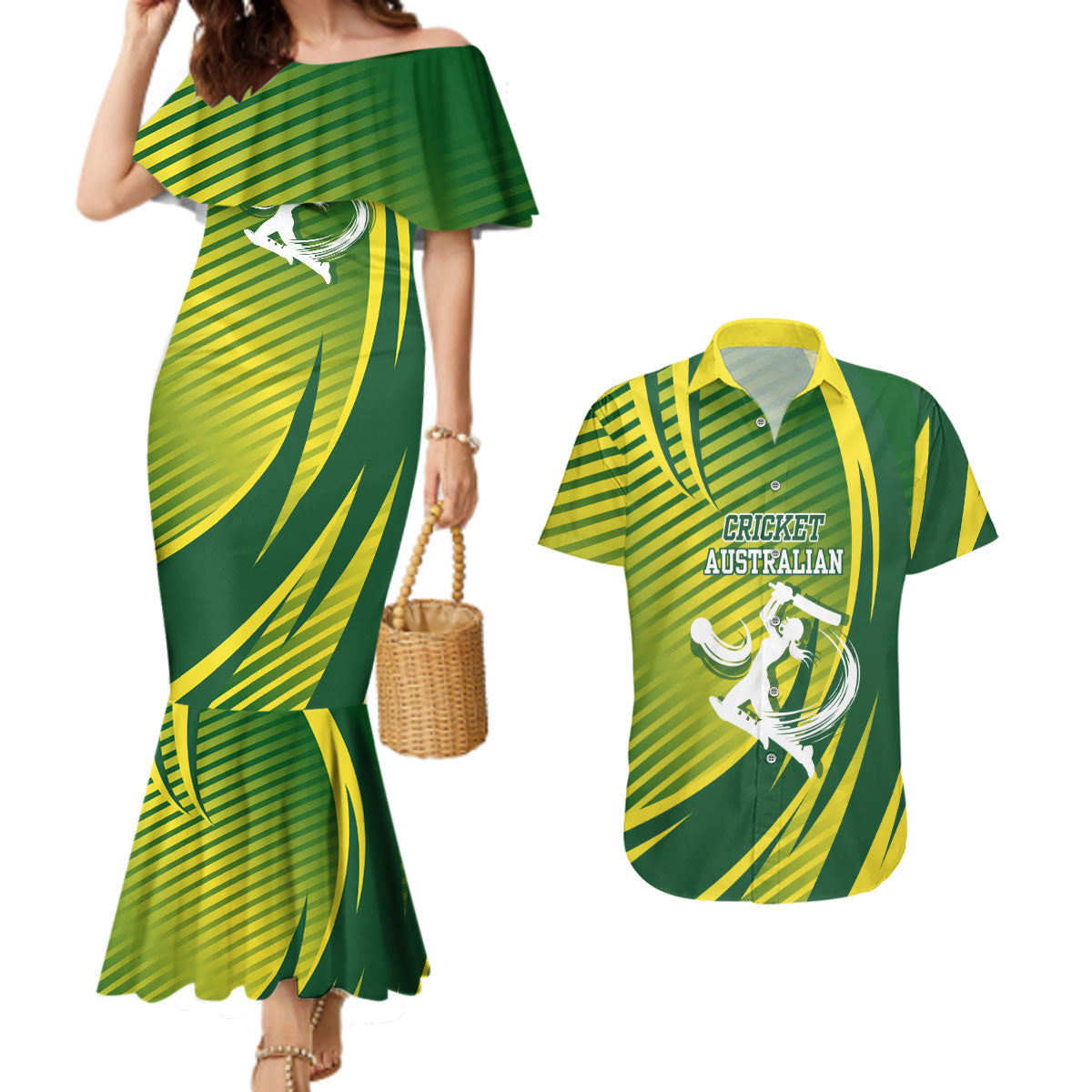 Australian Cricket Couples Matching Mermaid Dress and Hawaiian Shirt Dynamic Stripe Graphic With Player Silhouette