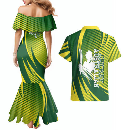Australian Cricket Couples Matching Mermaid Dress and Hawaiian Shirt Dynamic Stripe Graphic With Player Silhouette