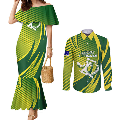 Australian Cricket Couples Matching Mermaid Dress and Long Sleeve Button Shirt Dynamic Stripe Graphic With Player Silhouette