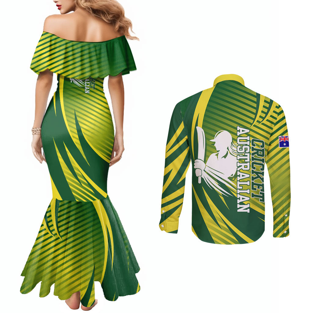 Australian Cricket Couples Matching Mermaid Dress and Long Sleeve Button Shirt Dynamic Stripe Graphic With Player Silhouette