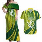 Australian Cricket Couples Matching Off Shoulder Maxi Dress and Hawaiian Shirt Dynamic Stripe Graphic With Player Silhouette