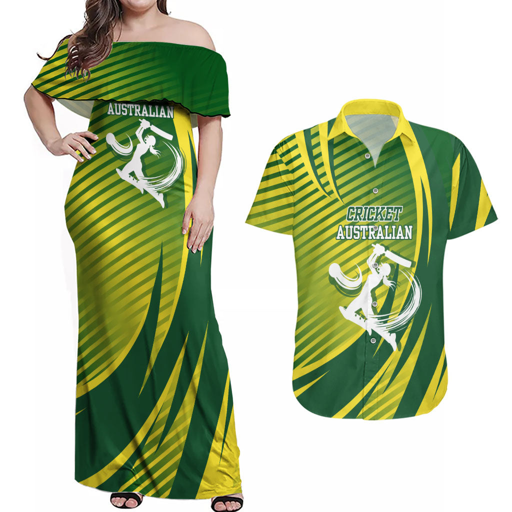 Australian Cricket Couples Matching Off Shoulder Maxi Dress and Hawaiian Shirt Dynamic Stripe Graphic With Player Silhouette