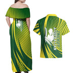Australian Cricket Couples Matching Off Shoulder Maxi Dress and Hawaiian Shirt Dynamic Stripe Graphic With Player Silhouette