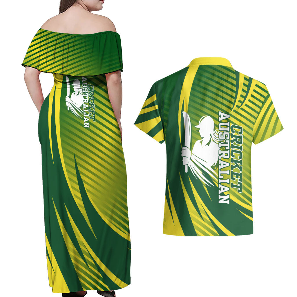 Australian Cricket Couples Matching Off Shoulder Maxi Dress and Hawaiian Shirt Dynamic Stripe Graphic With Player Silhouette