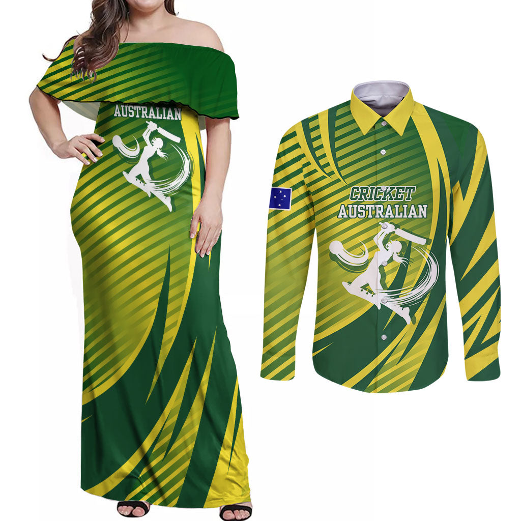 Australian Cricket Couples Matching Off Shoulder Maxi Dress and Long Sleeve Button Shirt Dynamic Stripe Graphic With Player Silhouette
