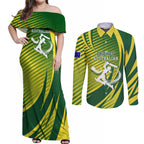 Australian Cricket Couples Matching Off Shoulder Maxi Dress and Long Sleeve Button Shirt Dynamic Stripe Graphic With Player Silhouette