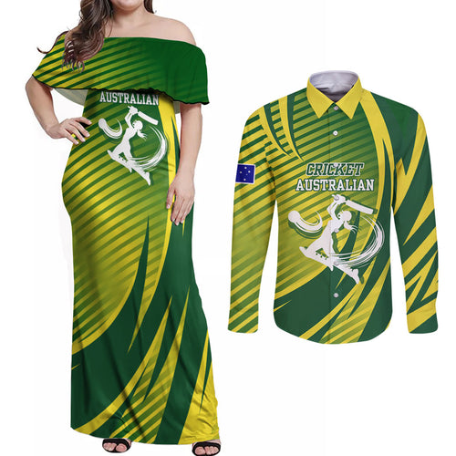 Australian Cricket Couples Matching Off Shoulder Maxi Dress and Long Sleeve Button Shirt Dynamic Stripe Graphic With Player Silhouette