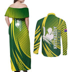 Australian Cricket Couples Matching Off Shoulder Maxi Dress and Long Sleeve Button Shirt Dynamic Stripe Graphic With Player Silhouette