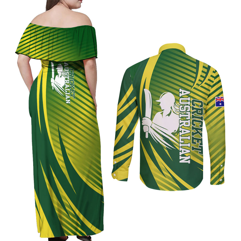 Australian Cricket Couples Matching Off Shoulder Maxi Dress and Long Sleeve Button Shirt Dynamic Stripe Graphic With Player Silhouette