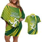 Australian Cricket Couples Matching Off Shoulder Short Dress and Hawaiian Shirt Dynamic Stripe Graphic With Player Silhouette