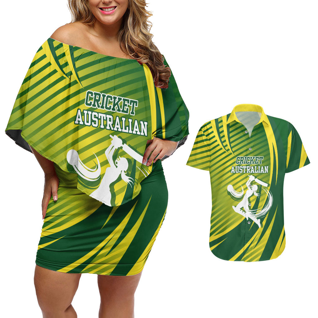 Australian Cricket Couples Matching Off Shoulder Short Dress and Hawaiian Shirt Dynamic Stripe Graphic With Player Silhouette