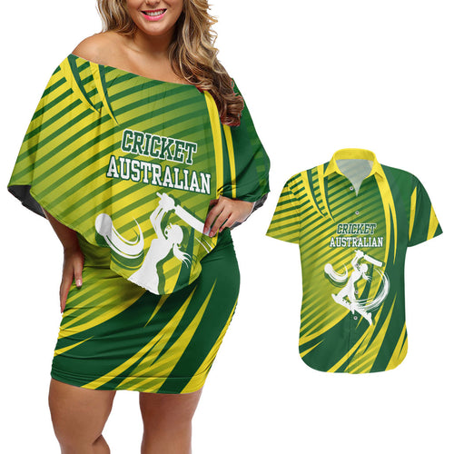 Australian Cricket Couples Matching Off Shoulder Short Dress and Hawaiian Shirt Dynamic Stripe Graphic With Player Silhouette