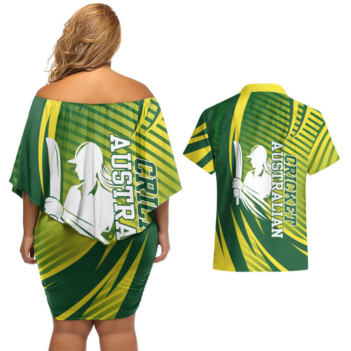 Australian Cricket Couples Matching Off Shoulder Short Dress and Hawaiian Shirt Dynamic Stripe Graphic With Player Silhouette