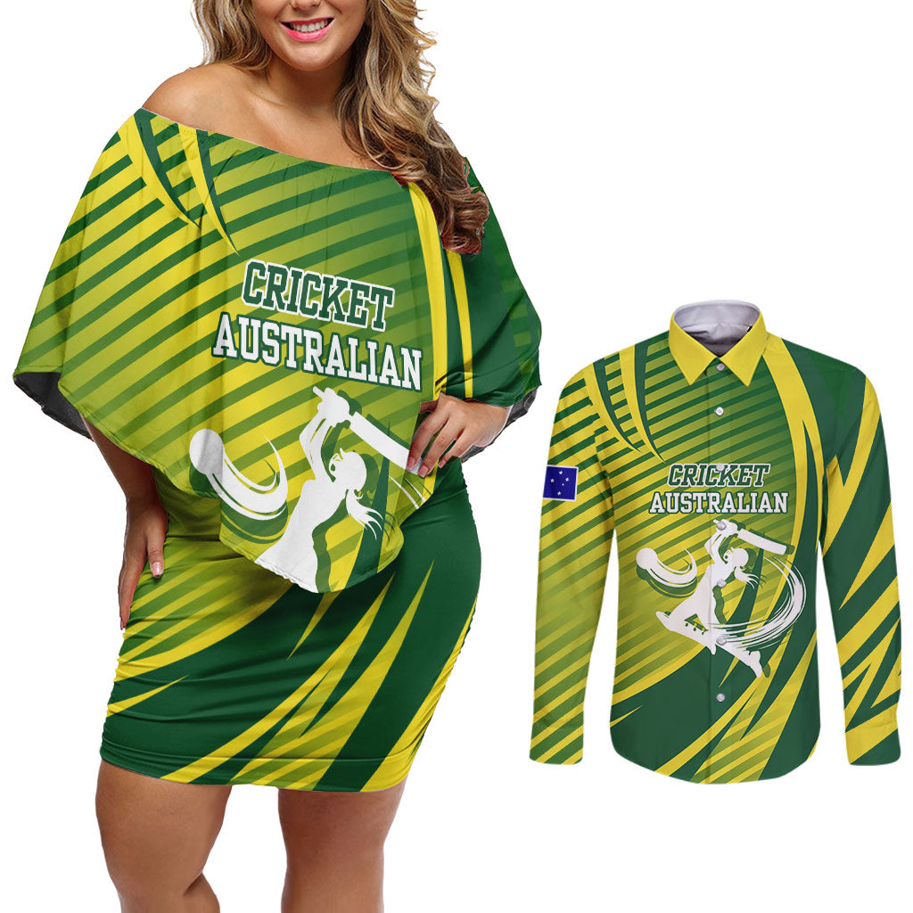 Australian Cricket Couples Matching Off Shoulder Short Dress and Long Sleeve Button Shirt Dynamic Stripe Graphic With Player Silhouette