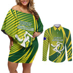 Australian Cricket Couples Matching Off Shoulder Short Dress and Long Sleeve Button Shirt Dynamic Stripe Graphic With Player Silhouette