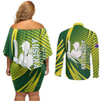 Australian Cricket Couples Matching Off Shoulder Short Dress and Long Sleeve Button Shirt Dynamic Stripe Graphic With Player Silhouette