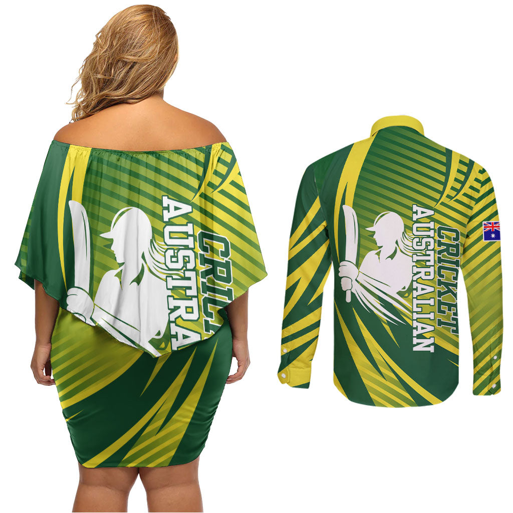 Australian Cricket Couples Matching Off Shoulder Short Dress and Long Sleeve Button Shirt Dynamic Stripe Graphic With Player Silhouette