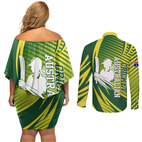 Australian Cricket Couples Matching Off Shoulder Short Dress and Long Sleeve Button Shirt Dynamic Stripe Graphic With Player Silhouette