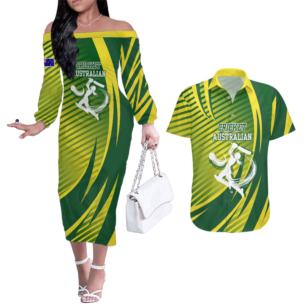 Australian Cricket Couples Matching Off The Shoulder Long Sleeve Dress and Hawaiian Shirt Dynamic Stripe Graphic With Player Silhouette