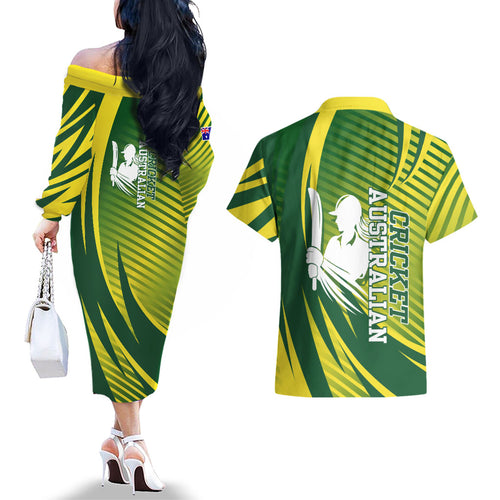 Australian Cricket Couples Matching Off The Shoulder Long Sleeve Dress and Hawaiian Shirt Dynamic Stripe Graphic With Player Silhouette