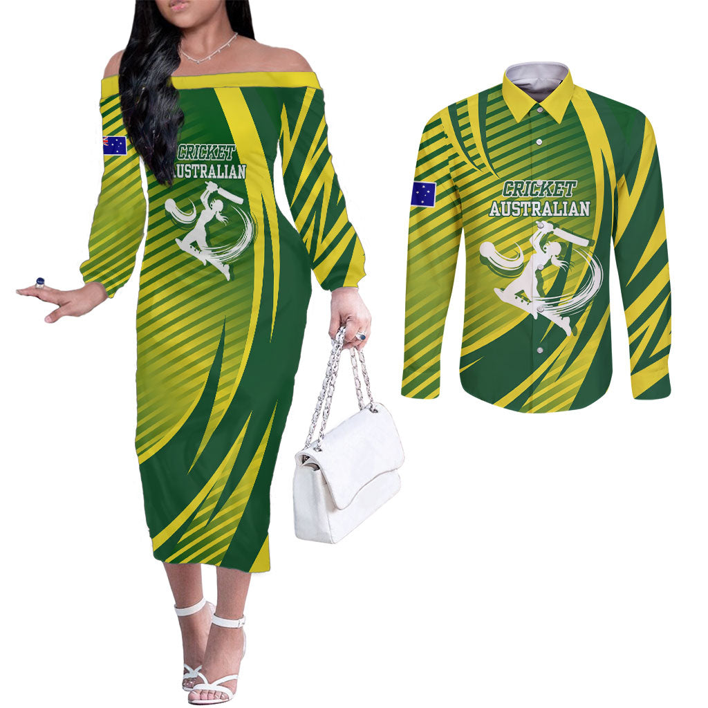 Australian Cricket Couples Matching Off The Shoulder Long Sleeve Dress and Long Sleeve Button Shirt Dynamic Stripe Graphic With Player Silhouette