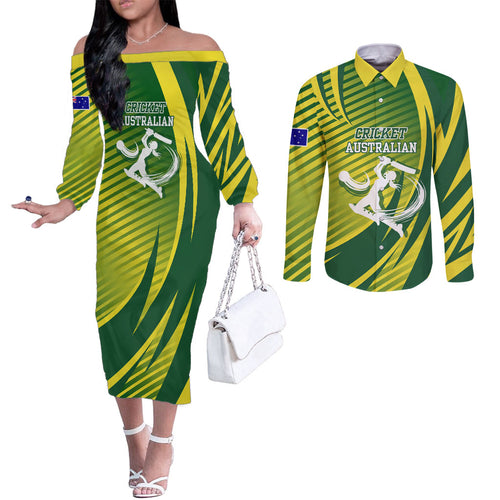 Australian Cricket Couples Matching Off The Shoulder Long Sleeve Dress and Long Sleeve Button Shirt Dynamic Stripe Graphic With Player Silhouette