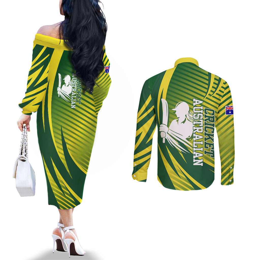 Australian Cricket Couples Matching Off The Shoulder Long Sleeve Dress and Long Sleeve Button Shirt Dynamic Stripe Graphic With Player Silhouette