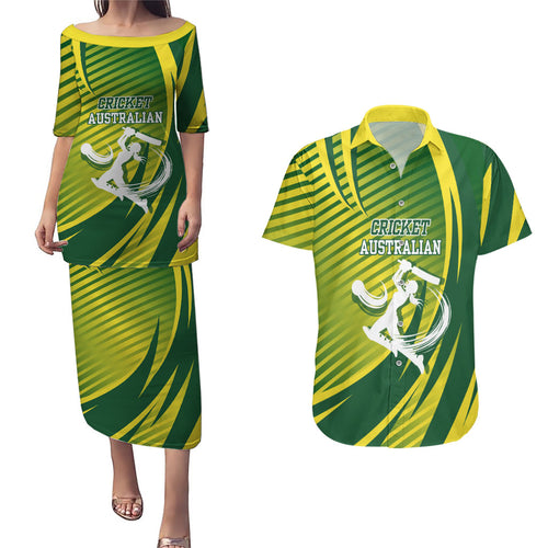 Australian Cricket Couples Matching Puletasi and Hawaiian Shirt Dynamic Stripe Graphic With Player Silhouette