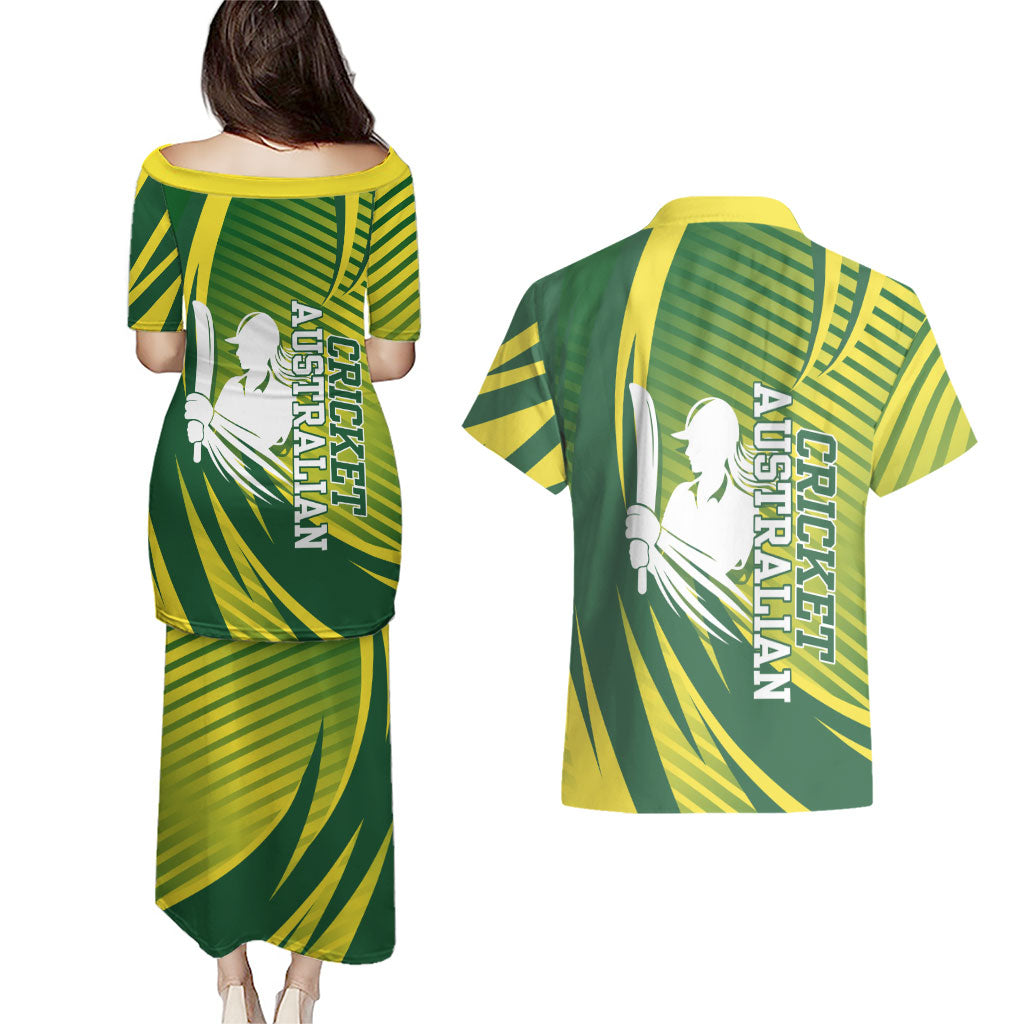 Australian Cricket Couples Matching Puletasi and Hawaiian Shirt Dynamic Stripe Graphic With Player Silhouette