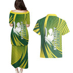 Australian Cricket Couples Matching Puletasi and Hawaiian Shirt Dynamic Stripe Graphic With Player Silhouette