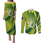 Australian Cricket Couples Matching Puletasi and Long Sleeve Button Shirt Dynamic Stripe Graphic With Player Silhouette
