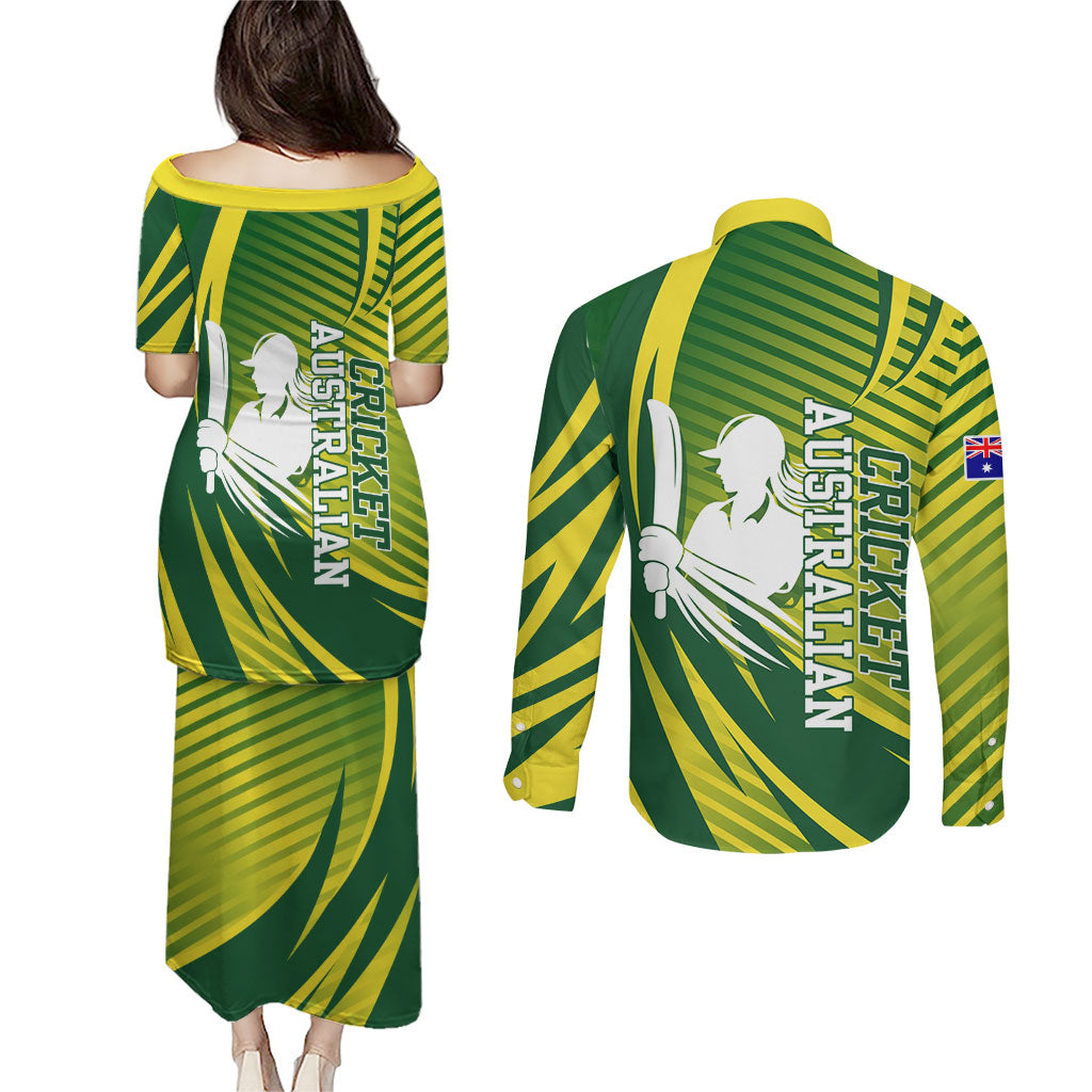 Australian Cricket Couples Matching Puletasi and Long Sleeve Button Shirt Dynamic Stripe Graphic With Player Silhouette