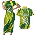 Australian Cricket Couples Matching Short Sleeve Bodycon Dress and Hawaiian Shirt Dynamic Stripe Graphic With Player Silhouette