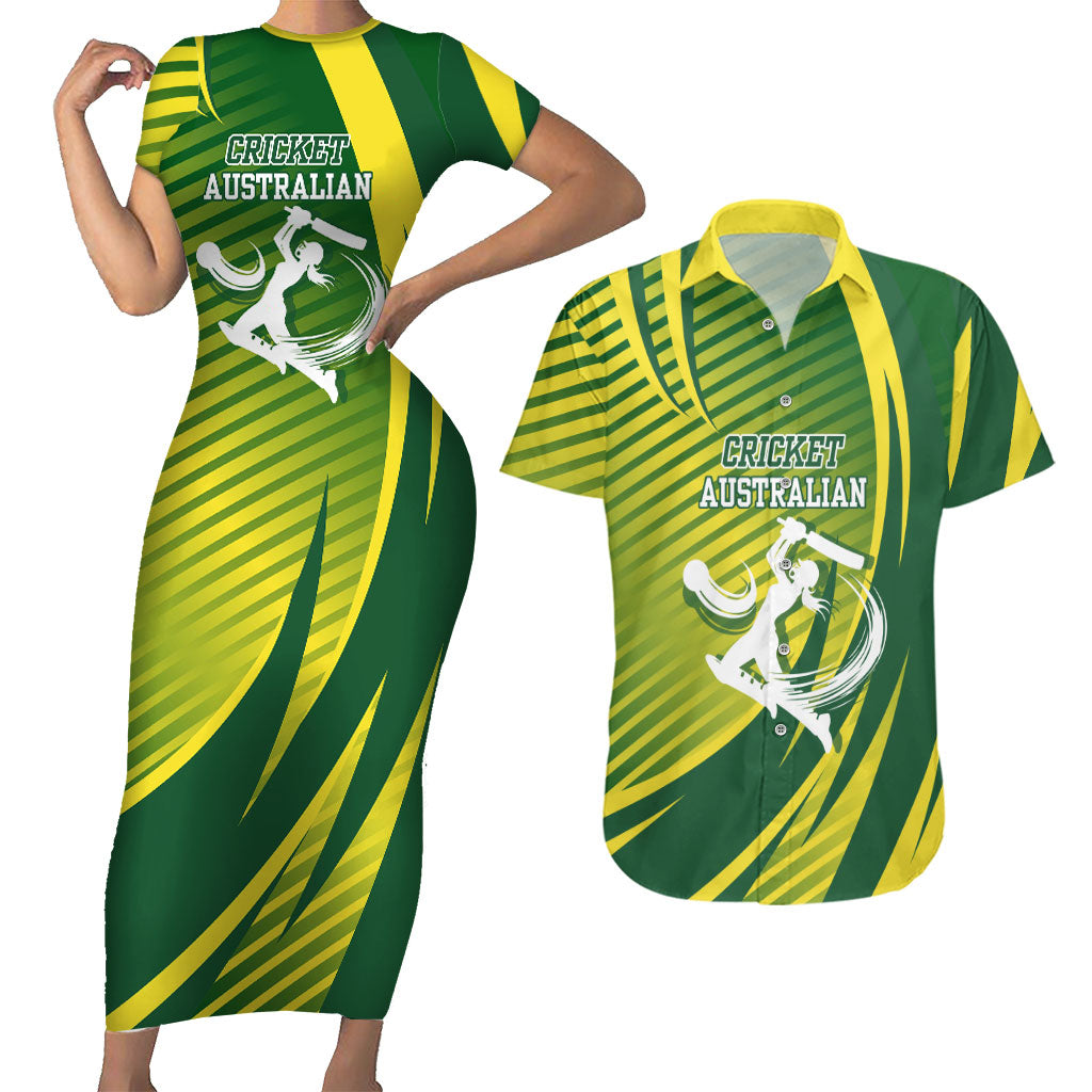 Australian Cricket Couples Matching Short Sleeve Bodycon Dress and Hawaiian Shirt Dynamic Stripe Graphic With Player Silhouette