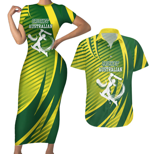 Australian Cricket Couples Matching Short Sleeve Bodycon Dress and Hawaiian Shirt Dynamic Stripe Graphic With Player Silhouette